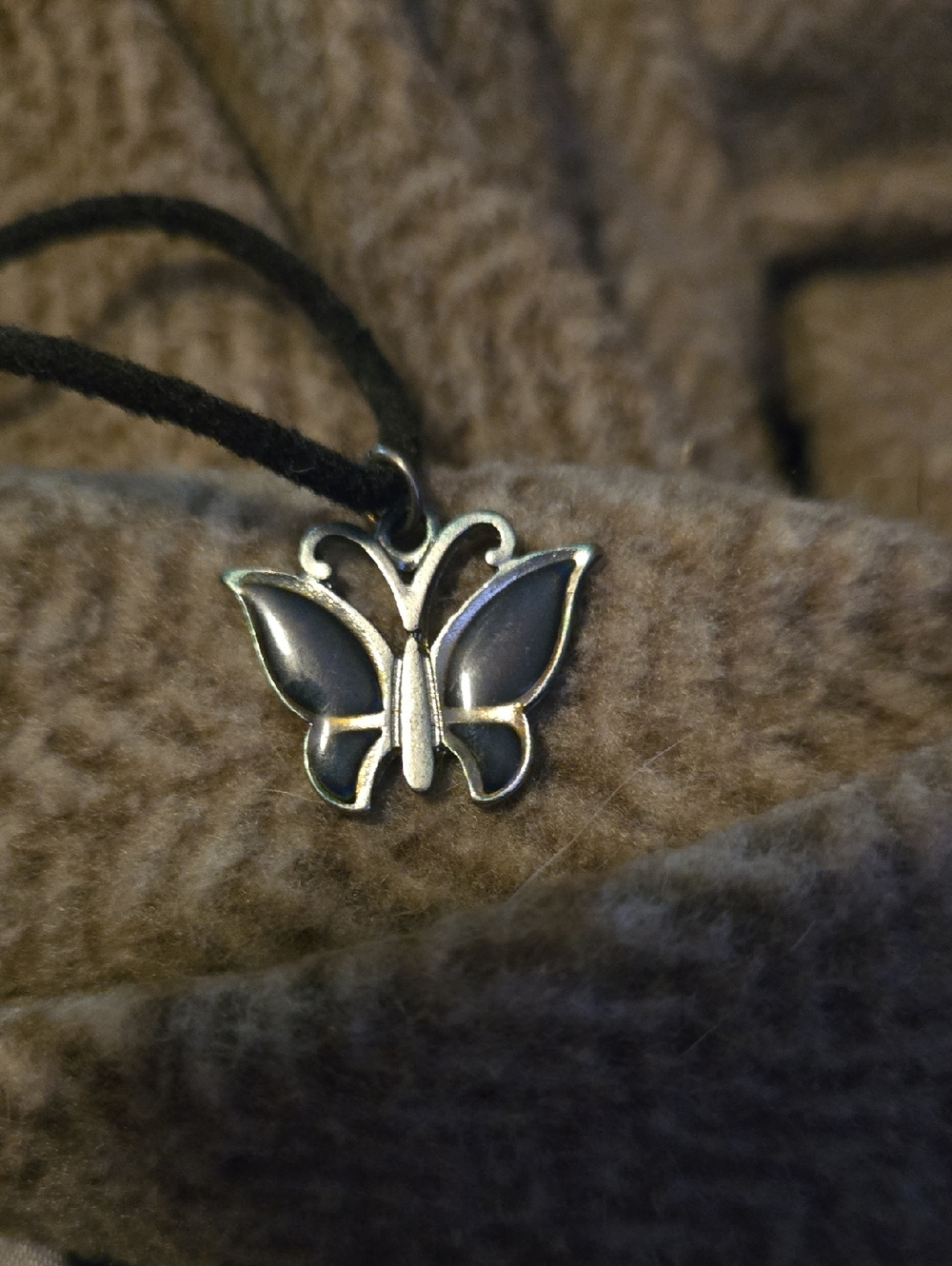 Kids Silver Butterfly Pendant Necklace - Black Inlay